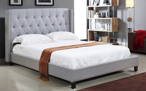 Platform Bed with Button Tufted Linen Style Fabric - Light Grey