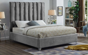 Platform Bed with Velvet Fabric and Chrome Legs - Grey