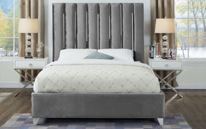 Platform Bed with Velvet Fabric and Chrome Legs - Grey
