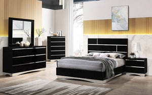 Bedroom Set with Mirror Accents High Gloss Head Board 8 pc - Black