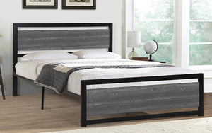 Platform Metal Bed with Wood Panels - Distressed Grey