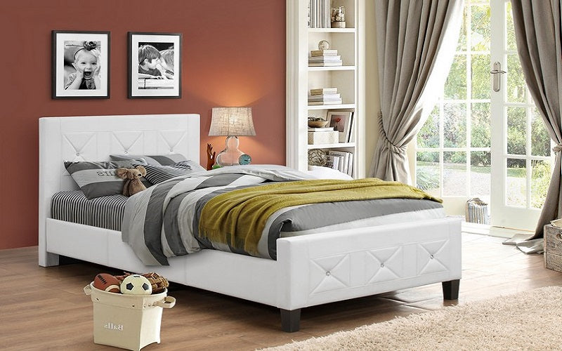 Platform Bed Bonded Leather with Jewels - White