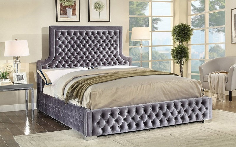 Platform Bed with Velvet Fabric - Grey