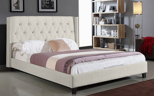 Platform Bed with Button Tufted Linen Style Fabric - Ivory