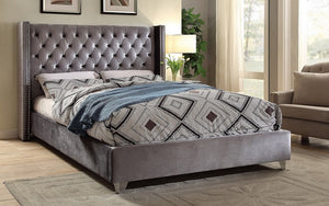 Platform Bed with Velvet Fabric Wing and Chrome Legs - Grey