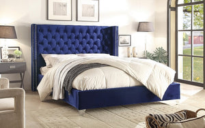 Platform Bed with Velvet Fabric Wing and Chrome Legs - Blue