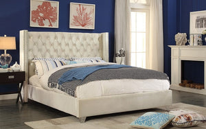 Platform Bed with Velvet Fabric Wing and Chrome Legs - Cream