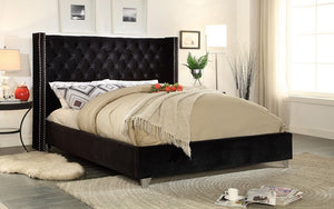 Platform Bed with Velvet Fabric Wing and Chrome Legs - Black