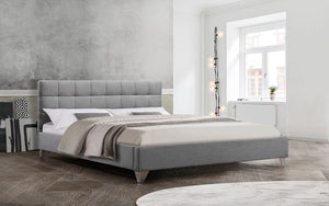 Platform Bed with Square Tufted Fabric and Chrome Legs - Grey