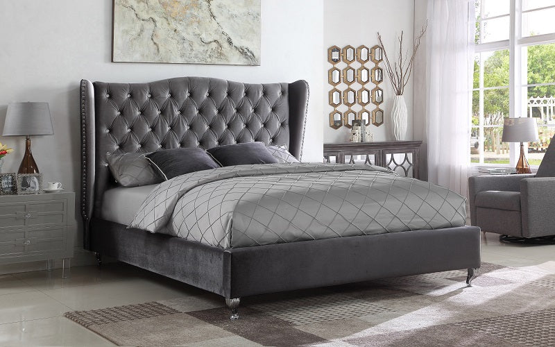 Platform Bed with Velvet Fabric and Chrome Legs - Grey