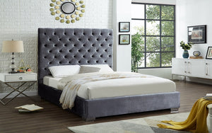 Platform Bed with Velvet Fabric and Chrome Legs - Grey