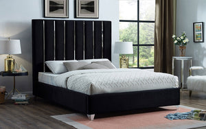 Platform Bed with Velvet Fabric and Chrome Legs - Black