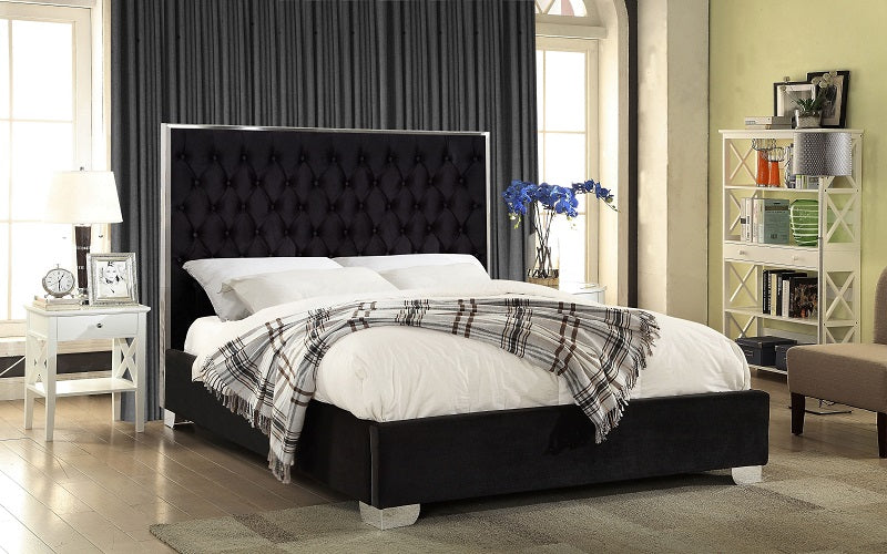 Platform Bed with Velvet Fabric and Chrome Legs - Blue