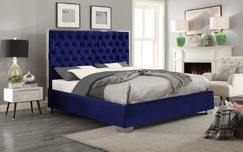 Platform Bed with Velvet Fabric and Chrome Legs - Blue