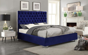 Platform Bed with Velvet Fabric and Chrome Legs - Blue