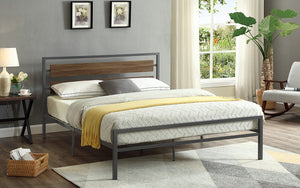 Platform Metal Bed with Wood Panels - Distressed Grey