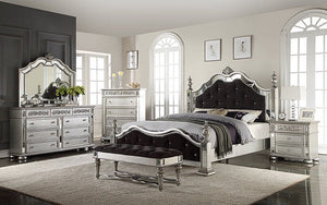 Bedroom Set with Mirror and Tufted Head - Foot Board  8 pc - Silver