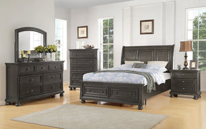 Bedroom Set with Panel Insert Design & 2 Footboard Drawers 8 pc - Dark Grey