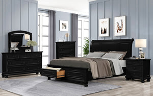 Bedroom Set with Panel Insert Design & 2 Footboard Drawers 8 pc - Black