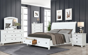Bedroom Set with Panel Insert Design & 2 Footboard Drawers 8 pc - White