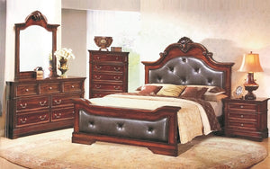 Bedroom Set with Leather Insert Head-Foot Board 8 pc - Antique Brown