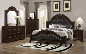 Bedroom Set with Leather Insert Head-Foot Board 8 pc -Dark Brown