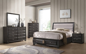 Bedroom Set with Fabric Head Board & Drawers 8 pc - Antique Cappuccino Grey