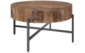 Coffee Table with Round Solid Wood & Iron Legs - Natural & Black