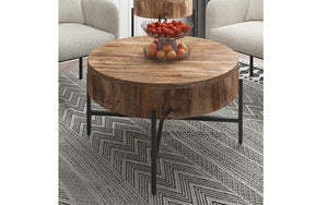 Coffee Table with Round Solid Wood & Iron Legs - Natural & Black