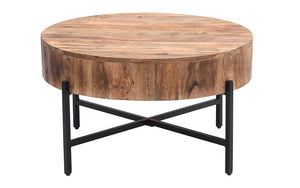 Coffee Table with Round Solid Wood & Iron Legs - Natural & Black