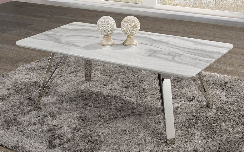 Coffee Table Set with Marble Top - 3 pc - White & Chrome