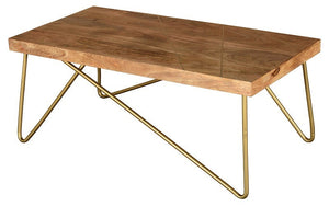 Coffee Table with Solid Wood & Iron Legs - Natural & Aged Gold