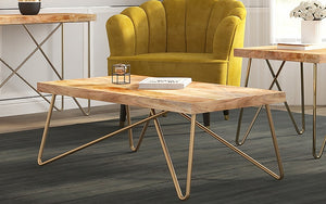 Coffee Table with Solid Wood & Iron Legs - Natural & Aged Gold