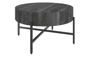 Coffee Table with Round Solid Wood & Iron Legs - Grey & Black