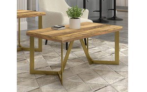 Coffee Table with Solid Wood & Iron Legs - Natural & Aged Gold