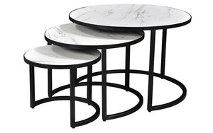 Coffee Nesting Table Set with Marble Top & Round Leg – White & Black