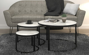 Coffee Nesting Table Set with Marble Top & Round Leg – White & Black