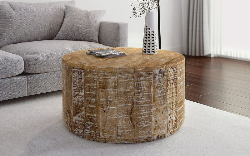 Coffee Table with Round Solid Wood - Distressed Natural