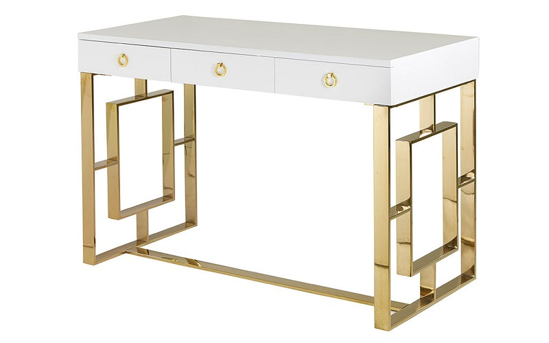 High Gloss Lacquer Top Desk with Drawers - White & Chrome