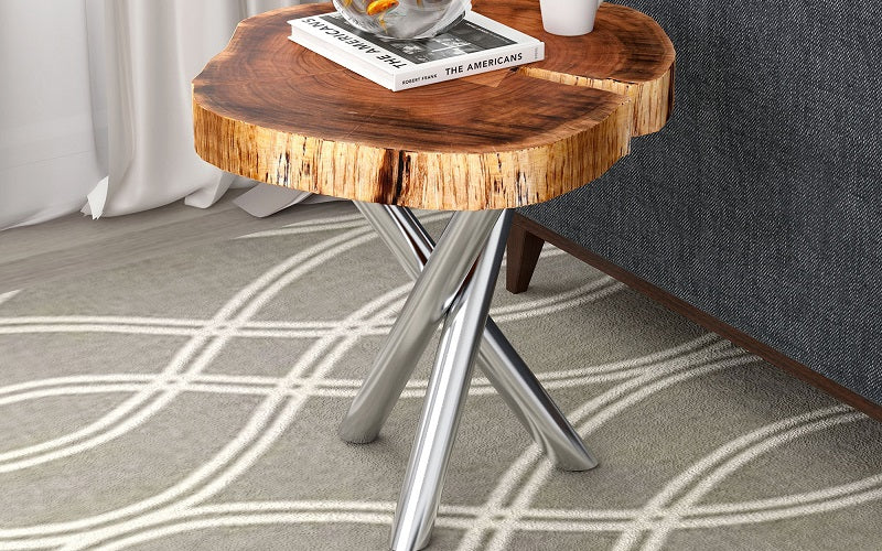 End Table with Solid Wood - Natural & Chrome