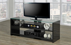 TV Stand with Glass Top and Shelves - Black
