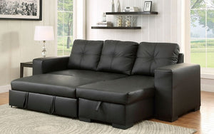 Leather Sectional Sofa Bed with Reversible Chaise - Black