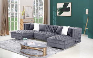 Velvet Fabric Sectional U Shaped with 2 Chaises - Grey