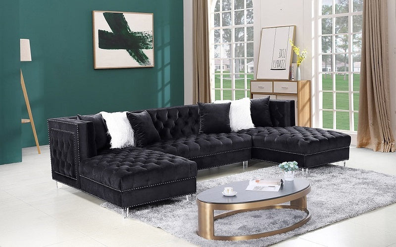 Velvet Fabric Sectional U Shaped with 2 Chaises - Black