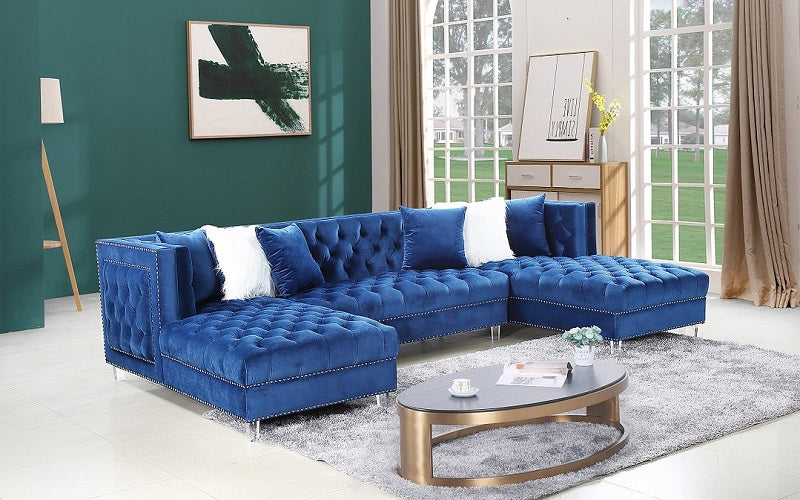Velvet Fabric Sectional 'U' Shaped with 2 Chaises - Blue