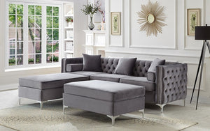 Velvet Fabric Sectional with Reversible Chaise - Grey