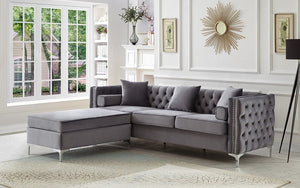 Velvet Fabric Sectional with Reversible Chaise - Grey