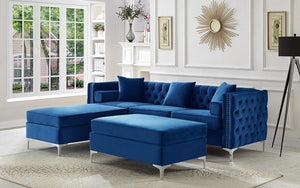 Velvet Fabric Sectional with Reversible Chaise - Blue