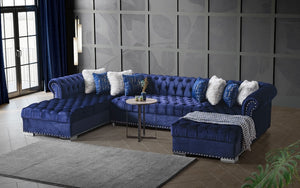 Velvet Fabric Sectional 'U' Shaped with 2 Chaises - Black | Grey | Blue