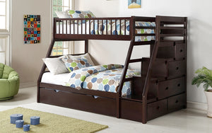 Bunk Bed - Twin over Double with Trundle, Drawers, Staircase Solid Wood - Espresso